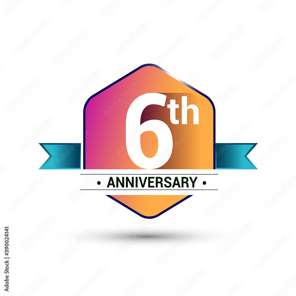 6th anniversary celebration isolated in colorful hexagon shape and blue ribbon colored, vector design. 6th anniversary celebration isolated in colorful hexagon shape and blue ribbon colored, vector design.