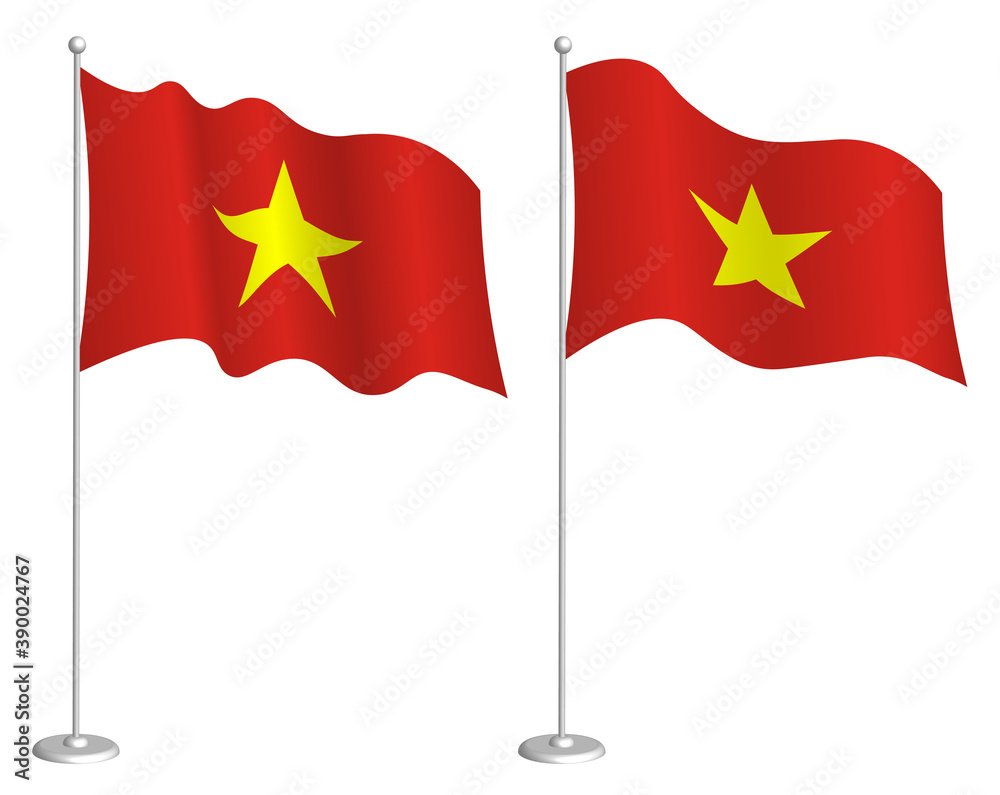 flag of republic of Vietnam on flagpole waving in wind. Holiday design element. Checkpoint for map symbols. Isolated vector on white background flag of republic of Vietnam on flagpole waving in wind. Holiday design element. Checkpoint for map symbols. Isolated vector on white background