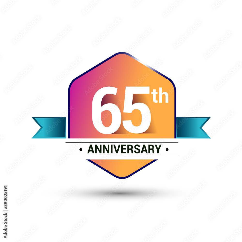 65th anniversary celebration isolated in colorful hexagon shape and blue ribbon colored, vector design. 65th anniversary celebration isolated in colorful hexagon shape and blue ribbon colored, vector design.