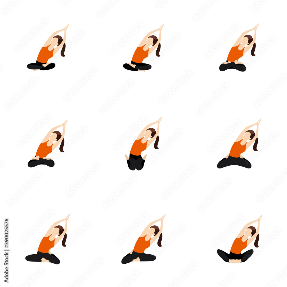 Seated side stretch raising both hands yoga asanas set / Illustration stylized woman practicing butterfly, lotus and other poses with side bend Seated side stretch raising both hands yoga asanas set / Illustration stylized woman practicing butterfly, lotus and other poses with side bend