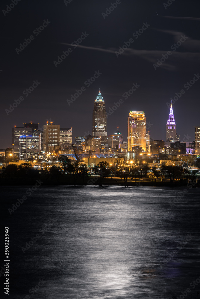 Cleveland ohio at night during a blue moon 2020 skyline Cleveland ohio at night during a blue moon 2020 skyline