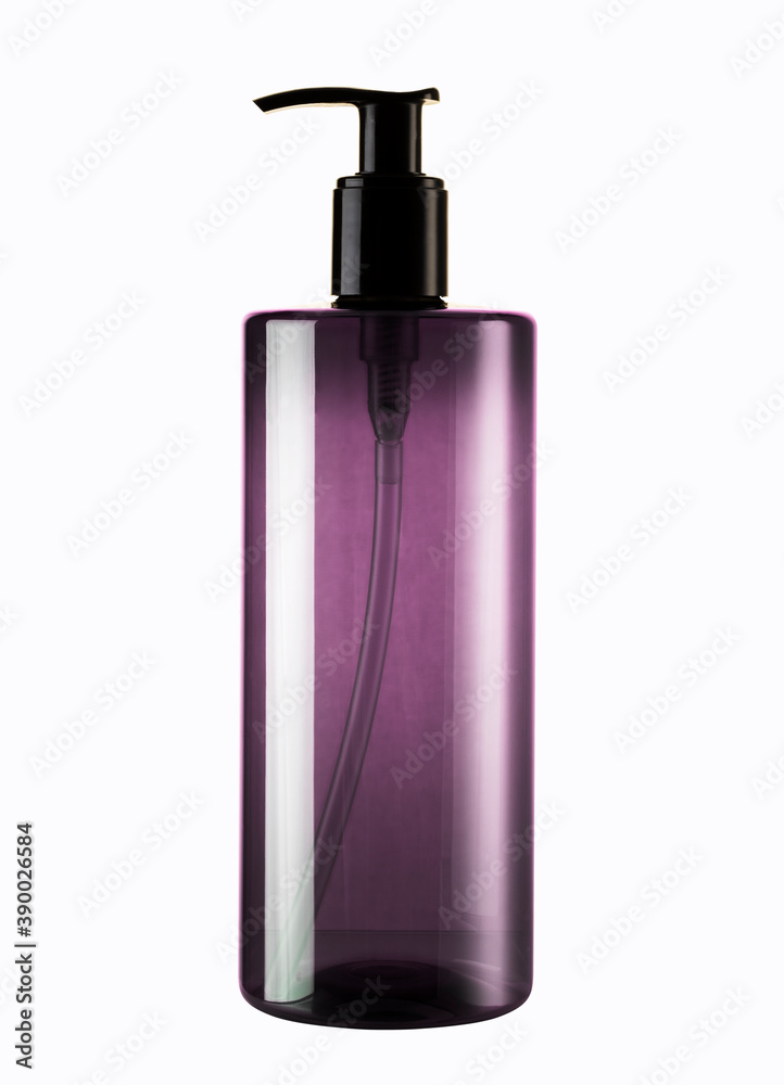 Clear packaging, black pump head on white background for part of product label design.