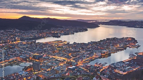 Timelapse Video 4K, Panoramic view of Bergen from Floyen, Bergen, Norway at sunset.