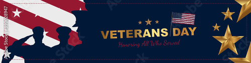 Happy Veterans Day. Greeting card with USA flag, gold star and soldiers on background. National American holiday event. Flat vector illustration EPS10.