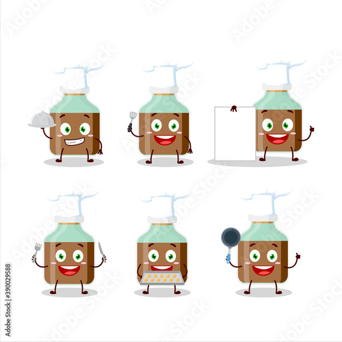 Cartoon character of chocolate baby milk bottle with various chef emoticons