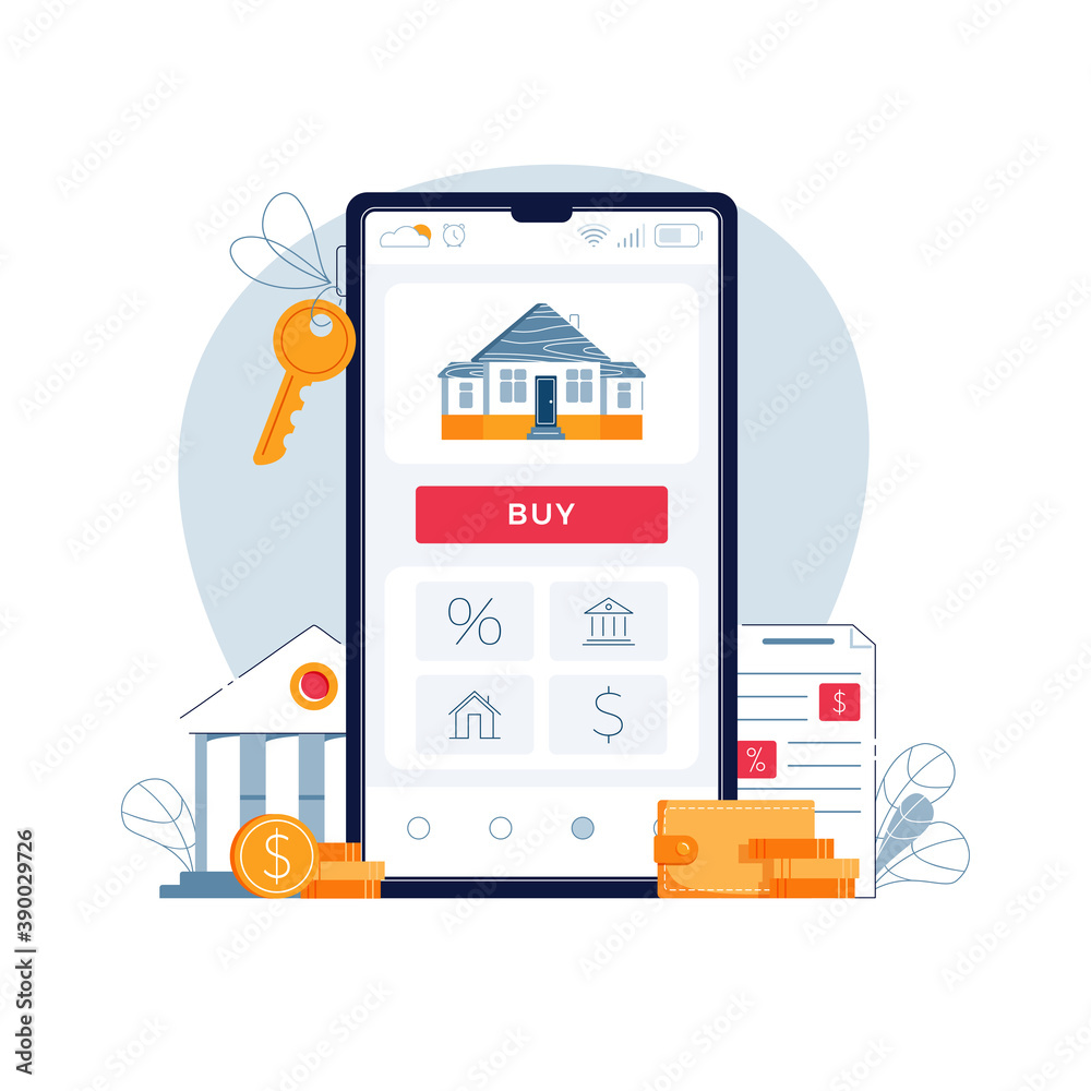 Buying a house online. Concept of mortgage online, purchase of new home. House, bank building, loan contract, house keys, Buy button on phone screen. Vector illustration isolated on white, flat design Buying a house online. Concept of mortgage online, purchase of new home. House, bank building, loan contract, house keys, Buy button on phone screen. Vector illustration isolated on white, flat design