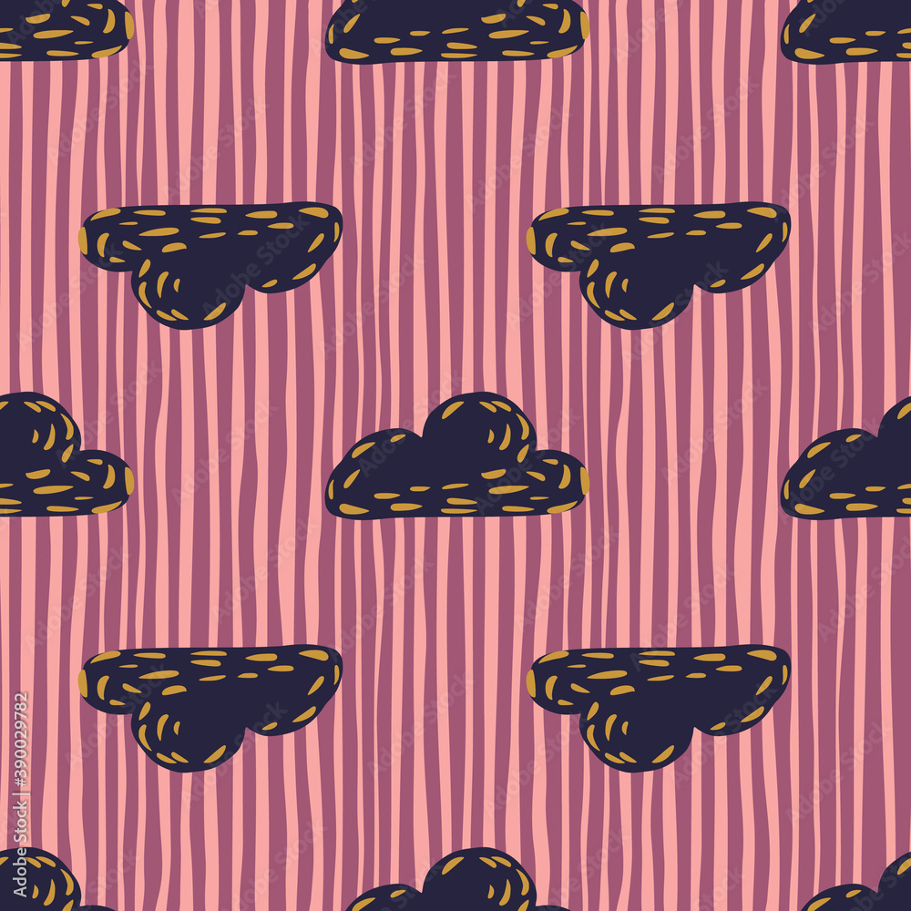 Dark navy blue dashes clouds ornament seamless pattern. Pink and purple striped background. Simple sky backdrop. Perfect for fabric design, textile print, wrapping, cover. Vector illustration.
