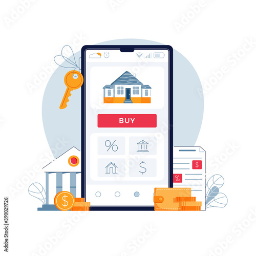 Buying a house online. Concept of mortgage online, purchase of new home. House, bank building, loan contract, house keys, Buy button on phone screen. Vector illustration isolated on white, flat design