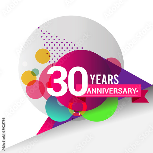 30th Years Anniversary logo with colorful geometric background, vector design template elements for your birthday celebration.