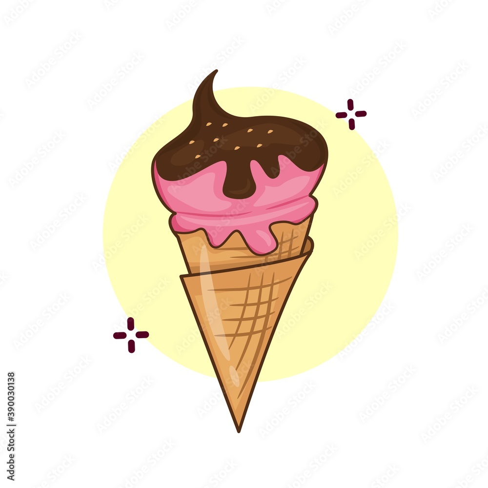 Vector graphic illustration of pink ice cream with chocolate jam and served with a waffle cone