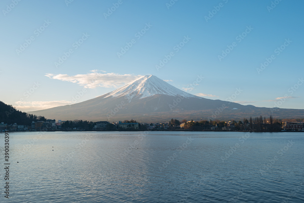 Fujisan Mountain the highest mountain in Japan with view of lake Kawagushiko