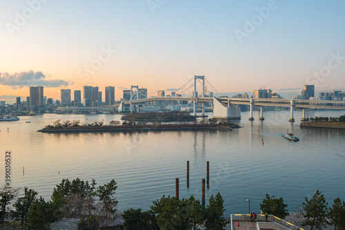 Fototapeta Panorama view of Tokyo Bay at sunset in Tokyo city, Japan