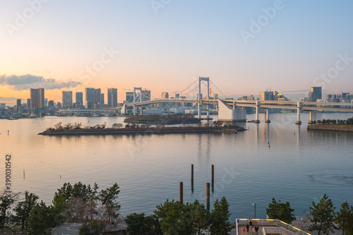 Sunset view of Odaiba in Tokyo city, Japan