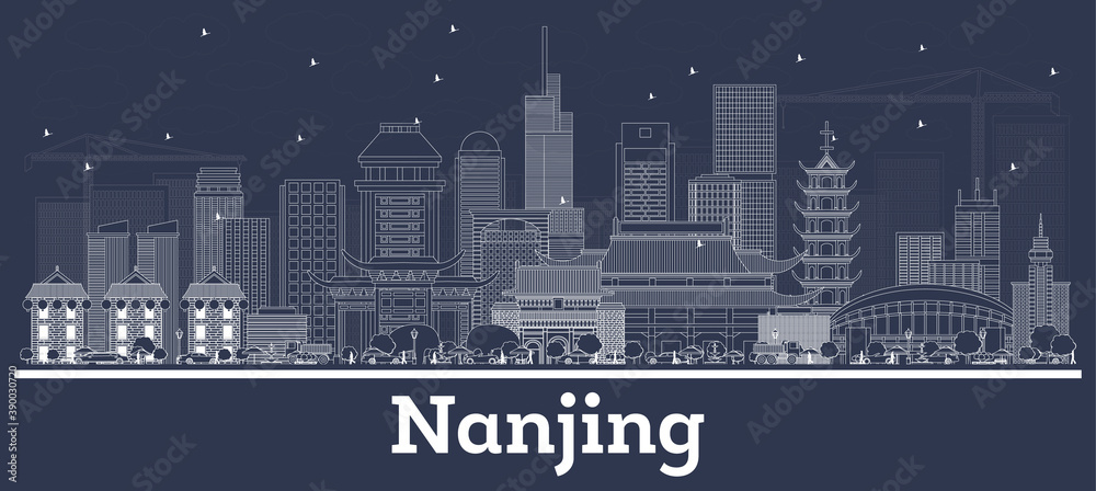 Outline Nanjing China City Skyline with White Buildings.