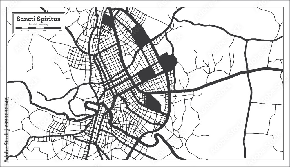 Sancti Spiritus Cuba City Map in Black and White Color in Retro Style. Outline Map.