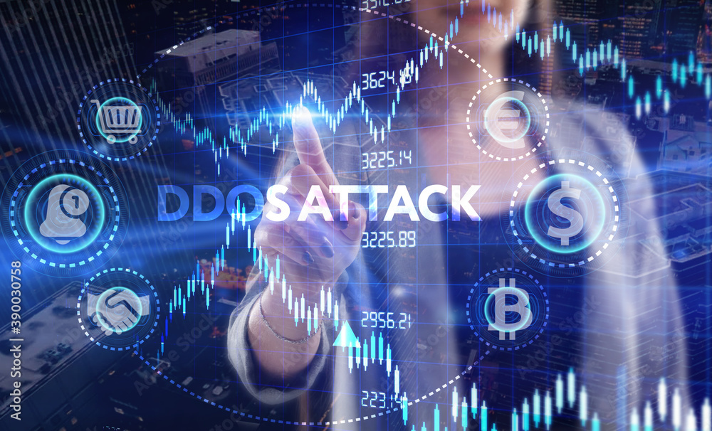 Business, Technology, Internet and network concept. Young businessman working on a virtual screen of the future and sees the inscription: Ddos attack