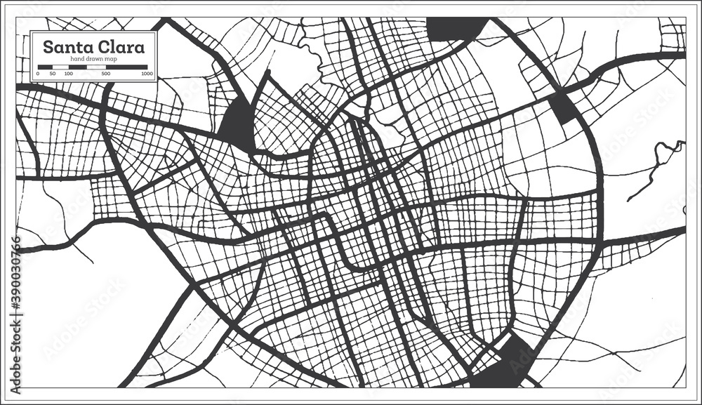 Santa Clara Cuba City Map in Black and White Color in Retro Style. Outline Map.
