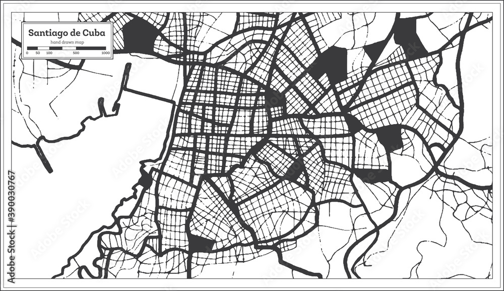 Santiago de Cuba City Map in Black and White Color in Retro Style. Outline Map.