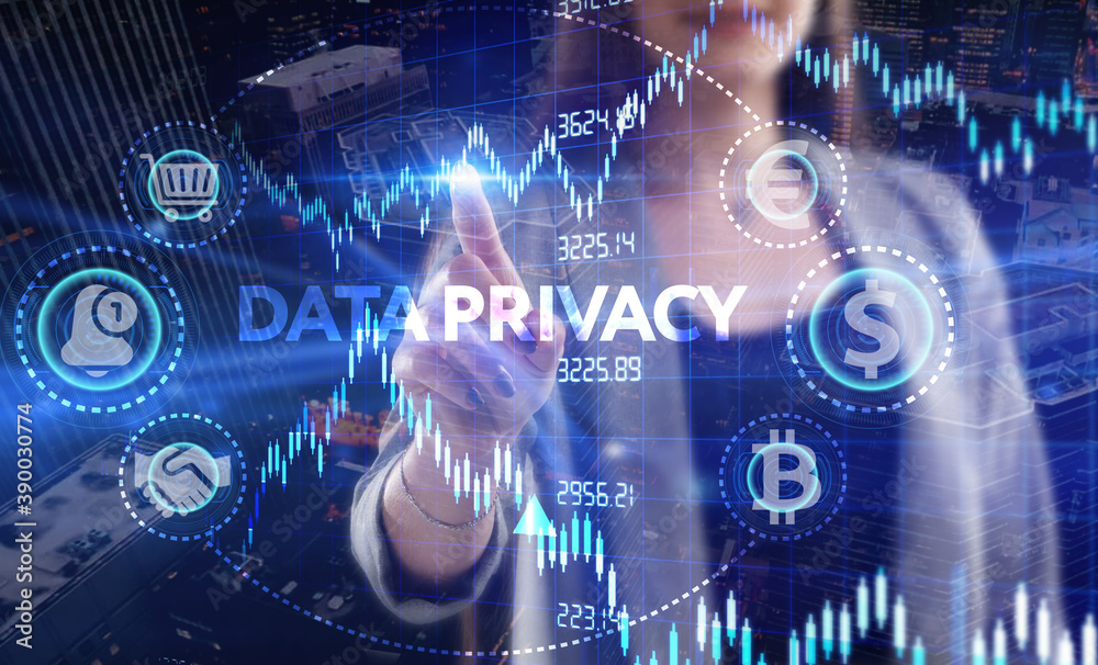 Business, Technology, Internet and network concept. Young businessman working on a virtual screen of the future and sees the inscription: Data privacy Business, Technology, Internet and network concept. Young businessman working on a virtual screen of the future and sees the inscription: Data privacy