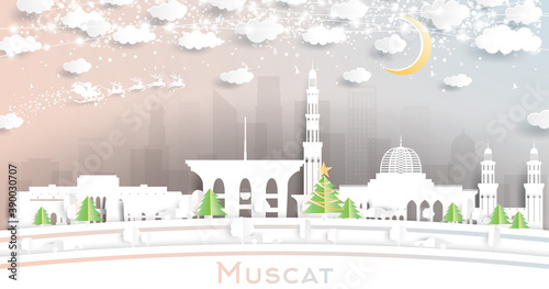 Muscat Oman City Skyline in Paper Cut Style with Snowflakes, Moon and Neon Garland.