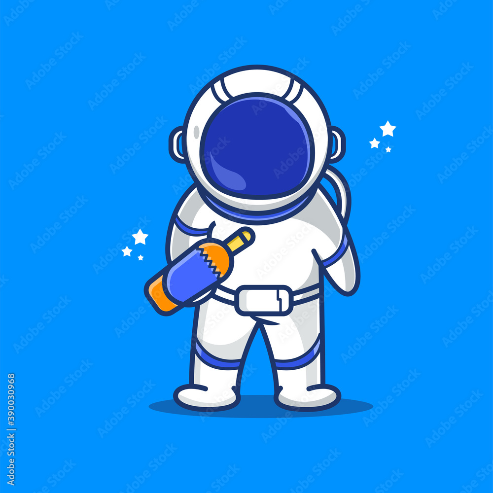 cute astronaut illustration holding a drinking bottle, cartoon astronaut concept