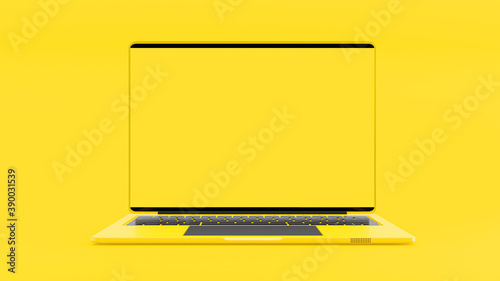 Laptop yellow color blank screen on work dask table.  Mock-Up for your text. Yellow minimal and Computer background idea concept. 3D Render. photo