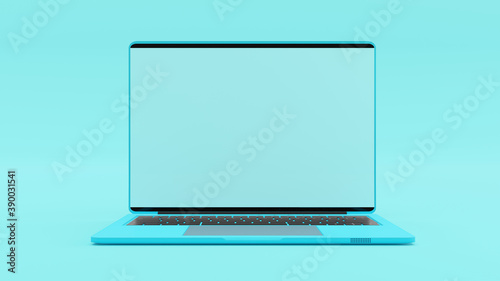 Laptop blue color blank screen on work dask table.  Mock-Up for your text. Blue minimal and Computer background idea concept. 3D Render. photo