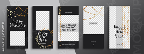 Editable Christmas and New Year stories vector template for social media. Instagram	