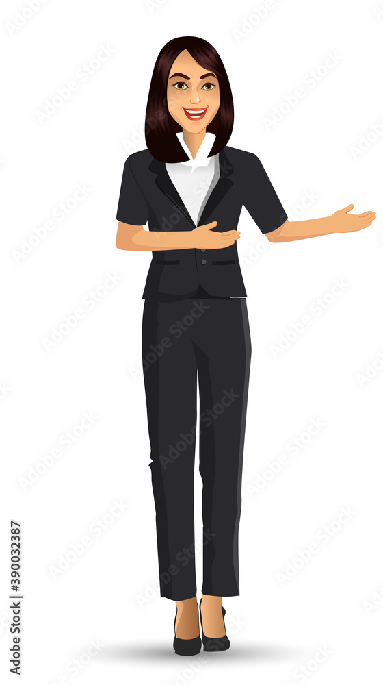 Businesswoman in black suits, with standing position or presentation poses, vector illustration