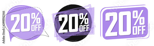 Set Sale 20% off banners, discount tags design template, promo app icons, vector illustration