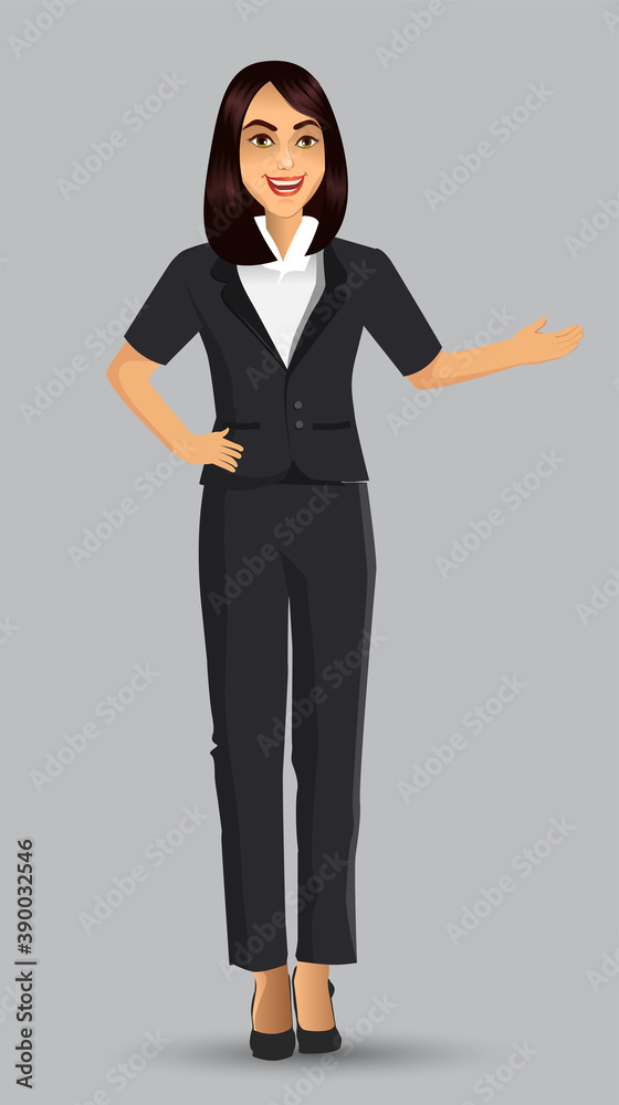 Businesswoman in black suits, with standing position or presentation poses, vector illustration Businesswoman in black suits, with standing position or presentation poses, vector illustration