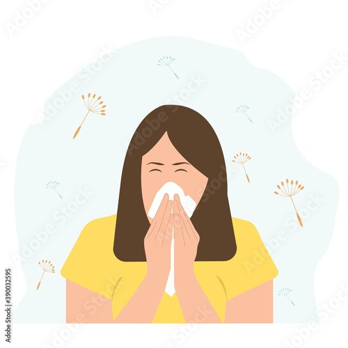 Sneezing woman concept vector illustration.A woman sneezing in handkerchief. Sick woman sneeze. Season allergy.