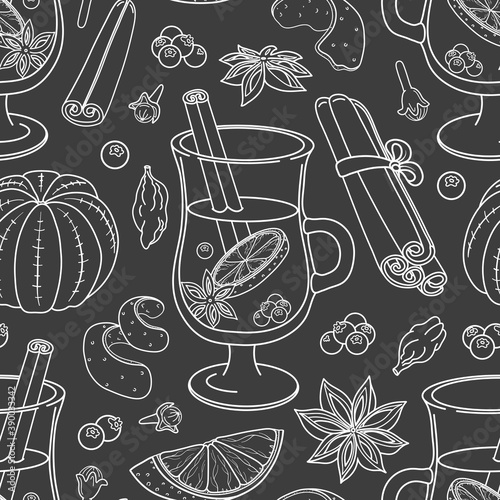 Seamless vector pattern with cute hand drawn Christmas mulled wine with spices and oranges on chalkboard. Beautiful texture for banner, advertising, holiday poster, package, wrapping paper, print.