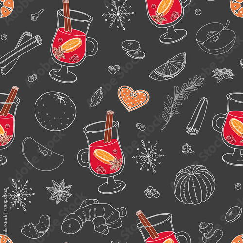 Seamless vector pattern with hand drawn mulled wine traditional hot winter drink, spices and fruits. Cute Christmas background for banner, advertising, holiday poster, package, wrapping paper, print.