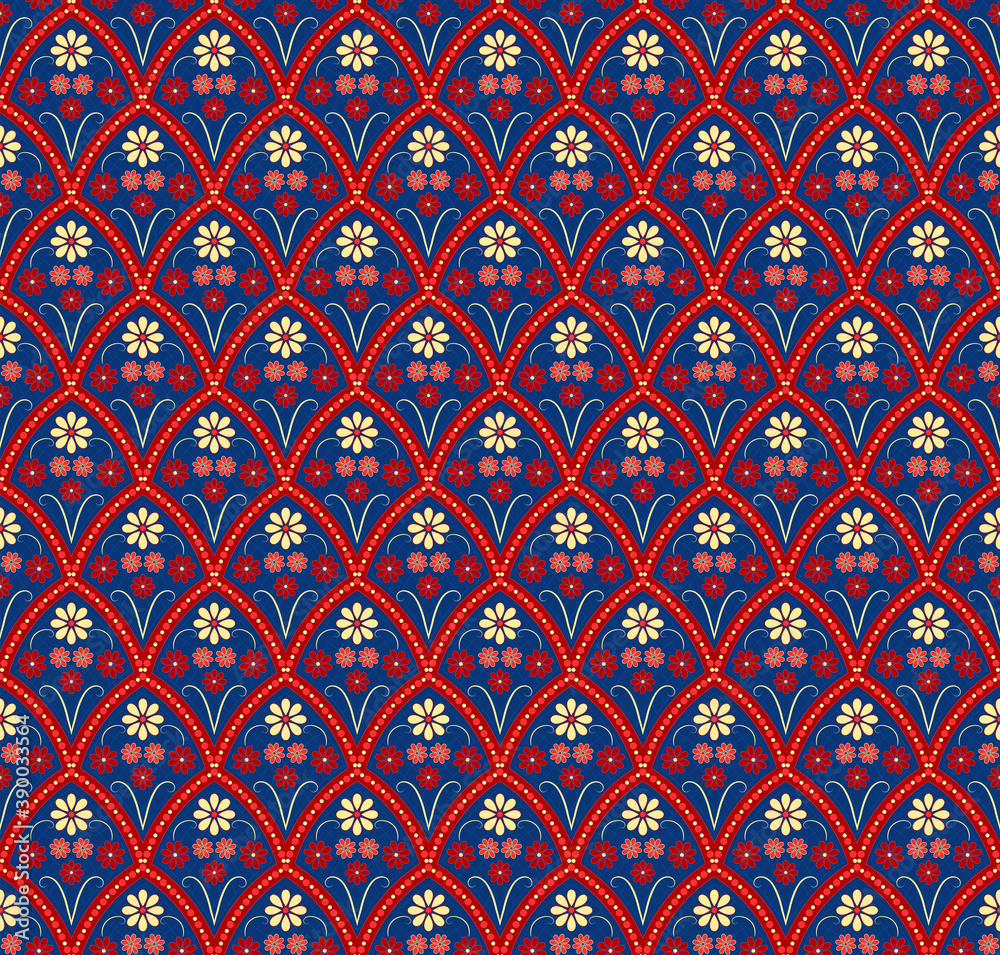 simple vector flowers. floral seamless pattern. repetitive background. fabric swatch. wrapping paper. continuous print. design element for textile, home décor, apparel. blue red yellow illustration