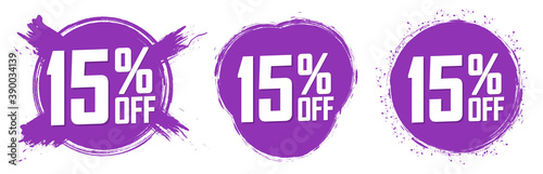 Set Sale 15% off banners, discount tags design template, promo app icons, vector illustration