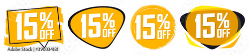 Set Sale 15% off banners, discount tags design template, promo app icons, vector illustration