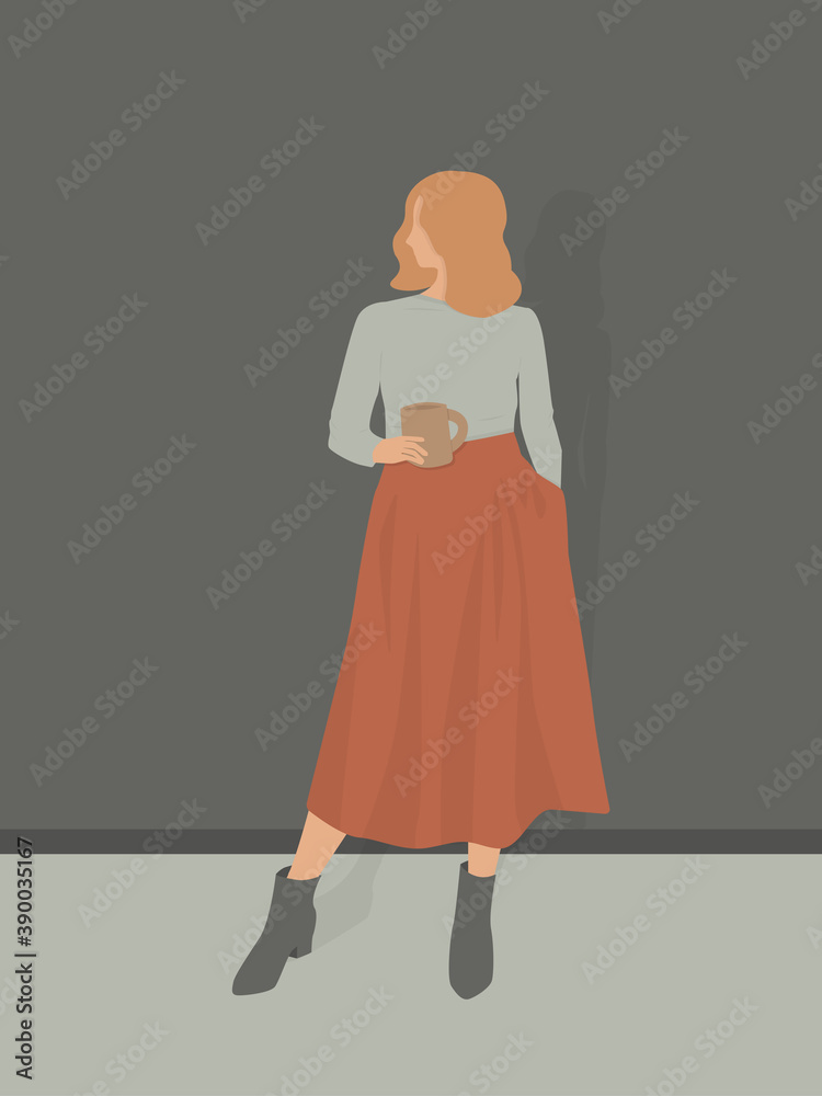 Young beautiful girl with short blond wavy hair in a long red skirt holding a mug of coffee isolated Young beautiful girl with short blond wavy hair in a long red skirt holding a mug of coffee isolated