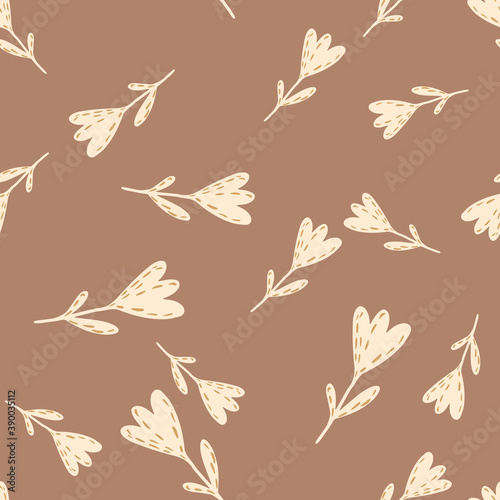Autumn seamless doodle pattern with tulip simple silhouettes. Beige flowers on brown background.