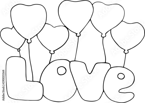 The word love with balloons. Valentine's day. Simple graphics. Doodle. Hand drawn