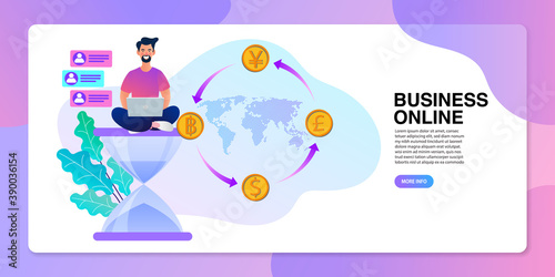 Bussessman and laptop on hourglass with money and coins.The concept of time management and financial control. A successful financial investment. Financial currency exchange. vector illustration.