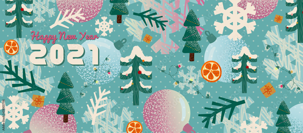 New year greeting card and background template. Winter holiday vector illustration in vintage style. Christmas tree and toys. 2021 new year hand drawn poster New year greeting card and background template. Winter holiday vector illustration in vintage style. Christmas tree and toys. 2021 new year hand drawn poster
