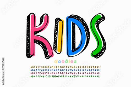 Kids doodles style font, four sides 3d alphabet letters and numbers vector illustration