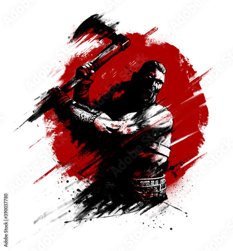 Foto an angry bearded berserker screams like a beast and rushes into battle with an ax in his hand against the backdrop of the bloody sun