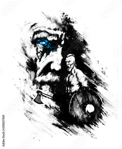 Obraz na plátně A bearded berserker with an ax and a shield, with a naked torso shouts furiously against the background of the face of the god Odin, whose eye glows blue
