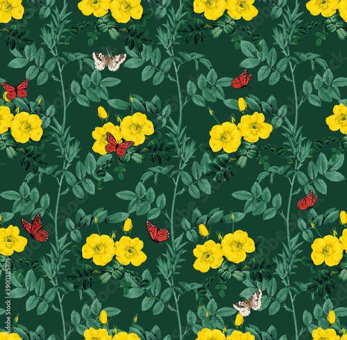 Botanical Leaves Flowers and Butterflies Seamless Pattern Floral Garden Concept Trendy Fashion Colors Elegant Design