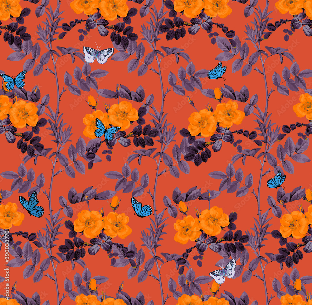 Obraz premium Botanical Leaves Flowers and Butterflies Seamless Pattern Floral Garden Concept Trendy Fashion Colors Elegant Design