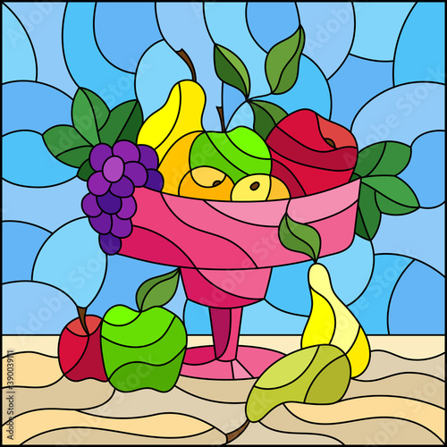 Illustration in stained glass style with still life, ripe fruit and berries in a vase, square image