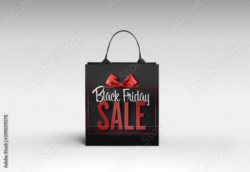 Black Friday Shopping Concept: Black Shopping Bag On light grey Background. 3d Render