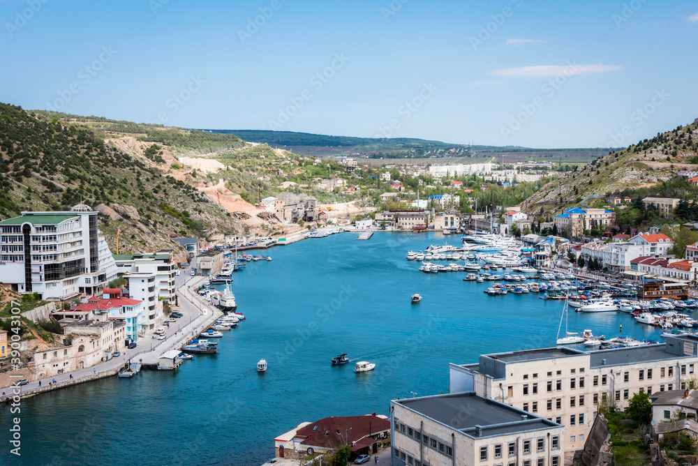 Top view of the sea bay near the town of Balaklava on the Crimean Peninsula